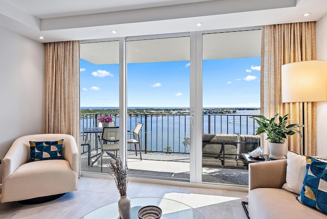 living room with a water view