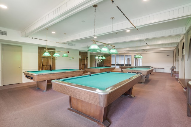 game room featuring carpet flooring and pool table