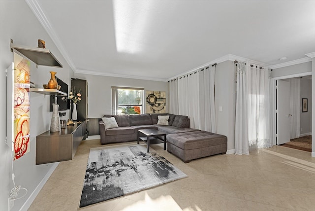 tiled living room with ornamental molding