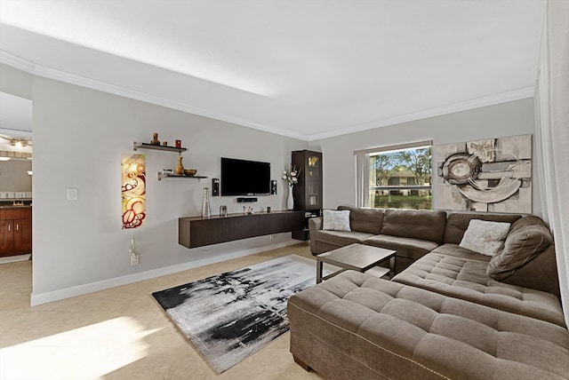 living room with ornamental molding