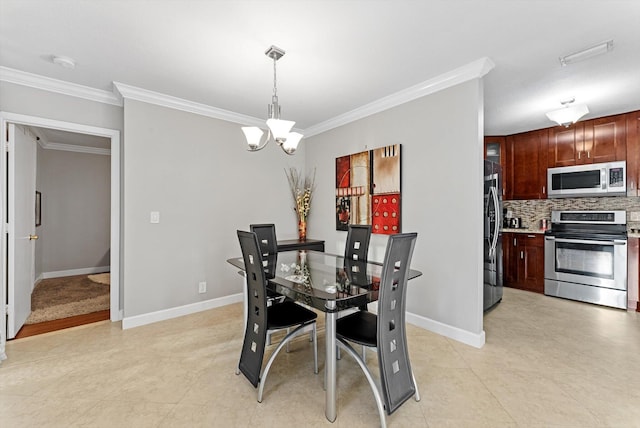 dining space with a notable chandelier, ornamental molding, and light tile patterned floors