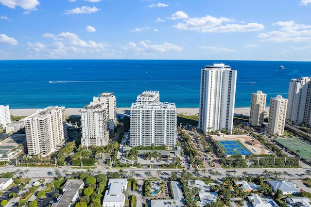 drone / aerial view with a water view and a view of the beach