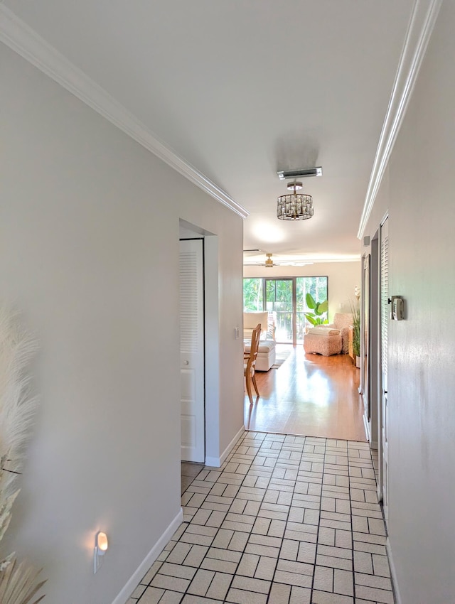 hallway featuring crown molding and light hardwood / wood-style flooring