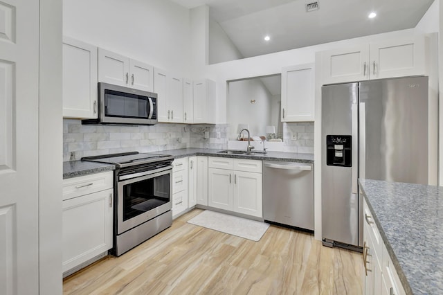 kitchen with white cabinets, appliances with stainless steel finishes, tasteful backsplash, and sink