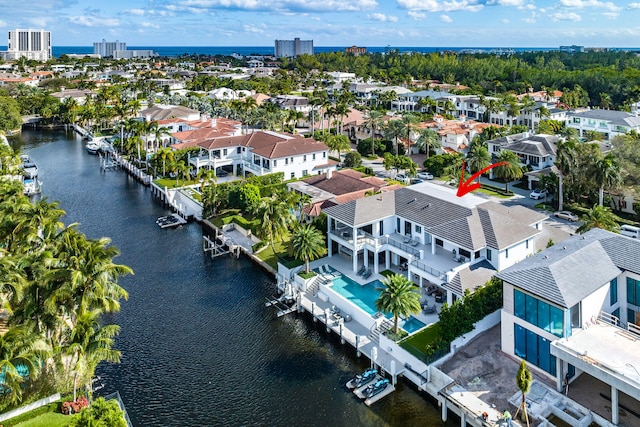 drone / aerial view featuring a water view