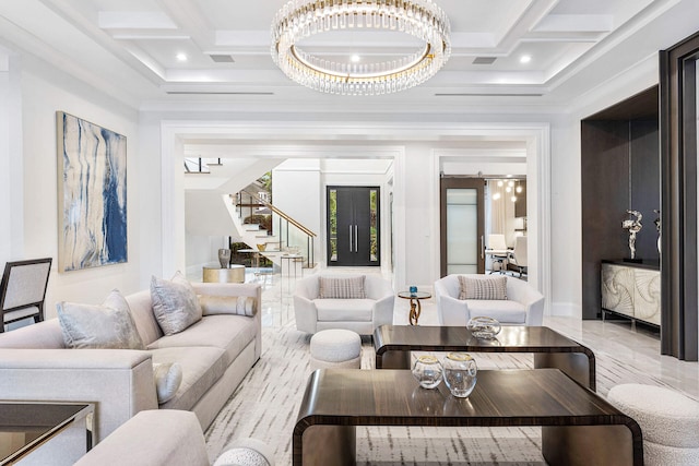 living room featuring beamed ceiling, ornamental molding, coffered ceiling, and an inviting chandelier