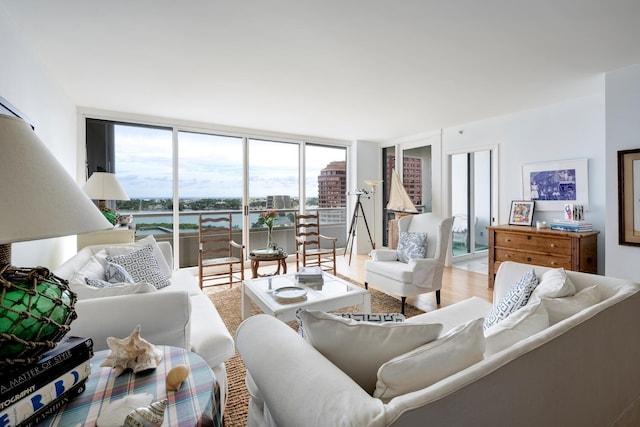 living room featuring hardwood / wood-style floors, expansive windows, and plenty of natural light