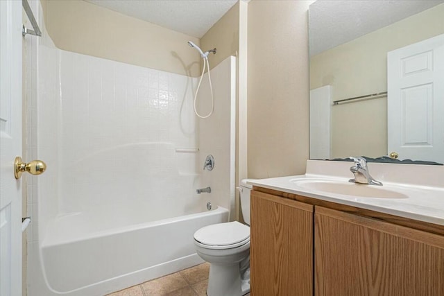 full bathroom with tile patterned floors, shower / bathtub combination, a textured ceiling, vanity, and toilet