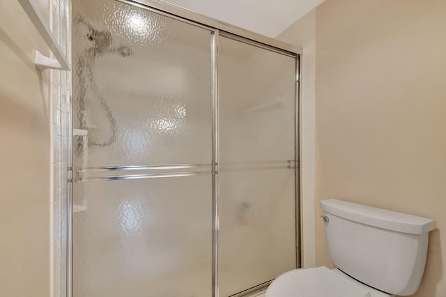 full bathroom featuring a stall shower and toilet