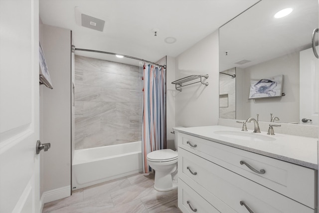 full bathroom with shower / bath combination with curtain, toilet, and vanity