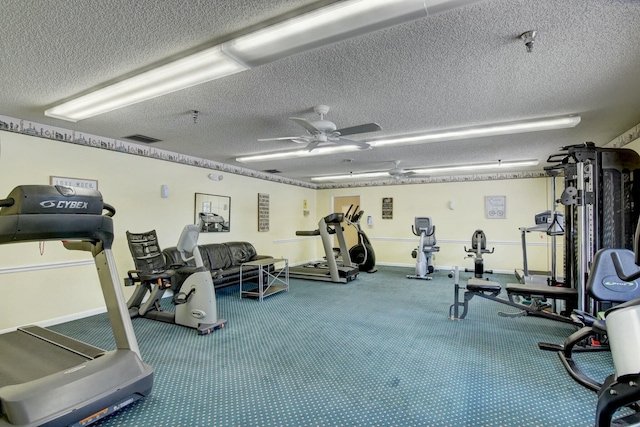 gym with ceiling fan and a textured ceiling