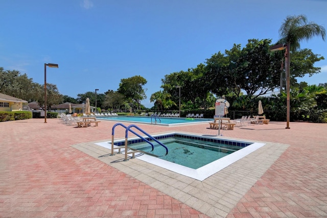 view of pool featuring a patio and a hot tub