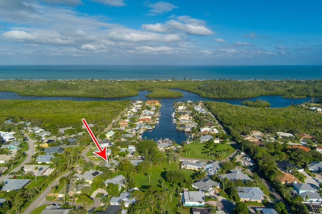 aerial view featuring a water view