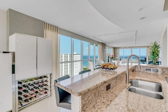 kitchen featuring light stone counters, white cabinetry, sink, and track lighting