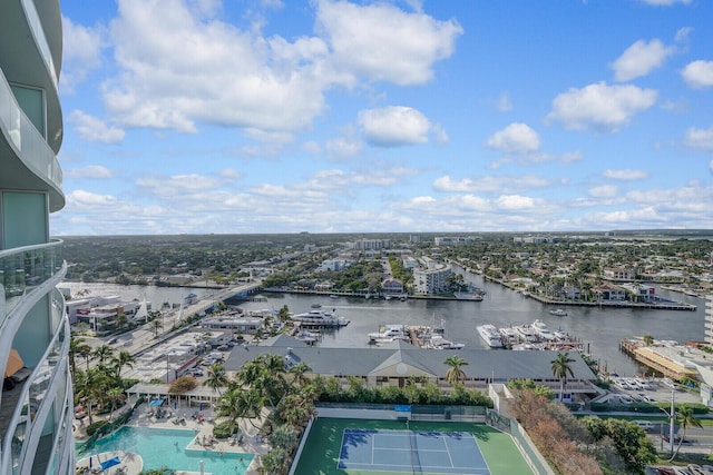 aerial view featuring a water view