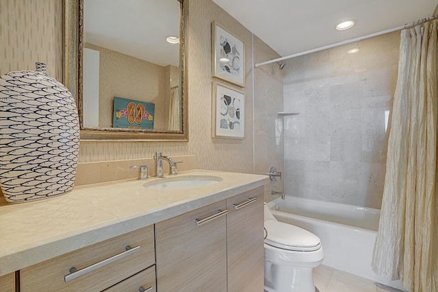 full bathroom with shower / bathtub combination with curtain, vanity, and toilet