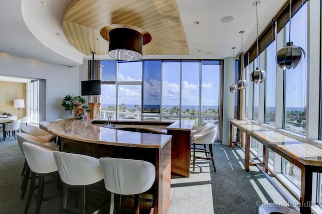 kitchen with a tray ceiling, a wealth of natural light, expansive windows, and dark colored carpet