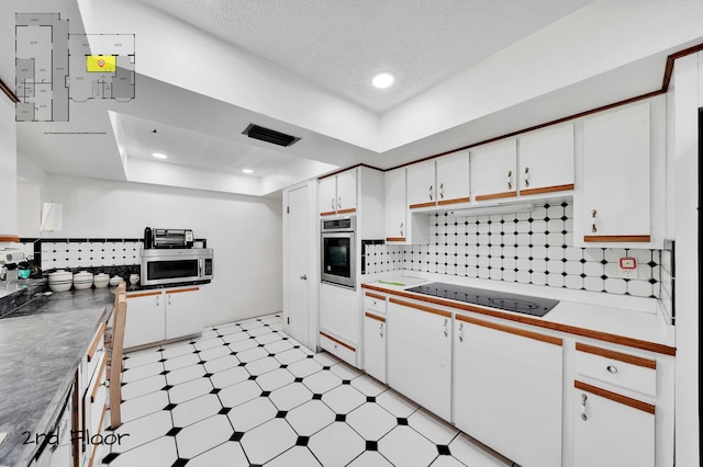 kitchen with tasteful backsplash, a textured ceiling, a tray ceiling, white cabinets, and appliances with stainless steel finishes