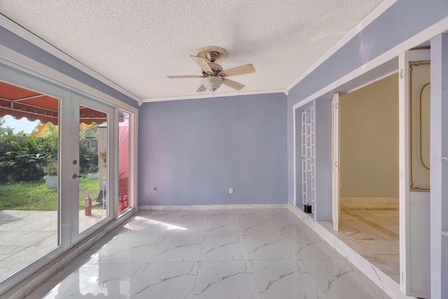 15230 SW 58th St, Miami, FL 33193 - spare room with french doors, a textured ceiling, ceiling fan, and ornamental molding