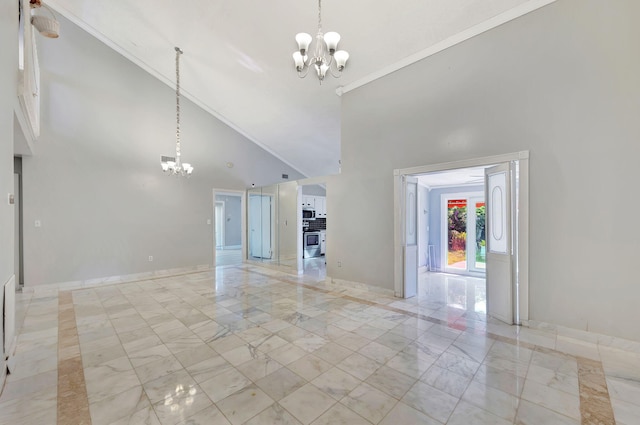 15230 SW 58th St, Miami, FL 33193 - unfurnished living room with crown molding, high vaulted ceiling, and a chandelier