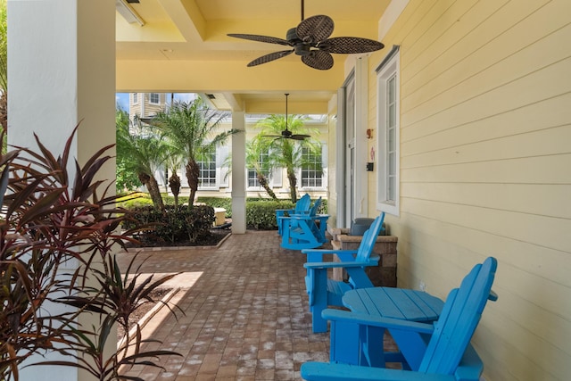 view of patio featuring ceiling fan and covered porch