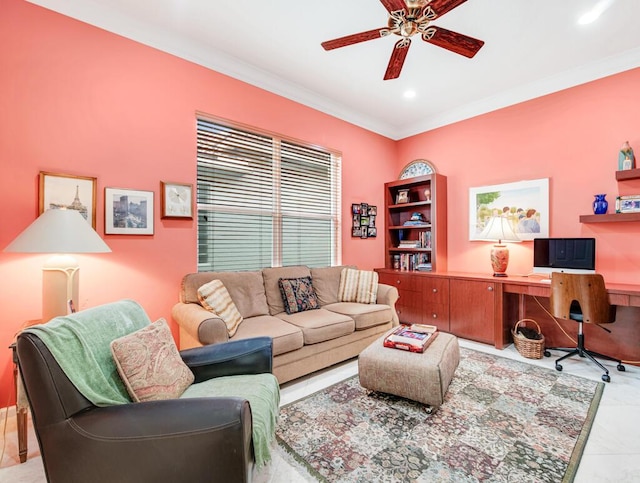 tiled living room with ceiling fan and crown molding