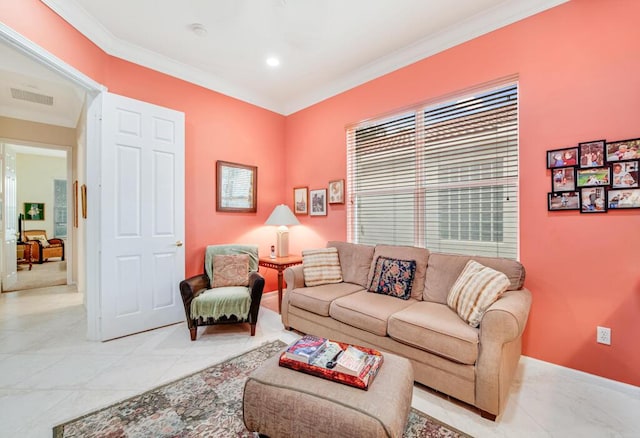 living room featuring ornamental molding