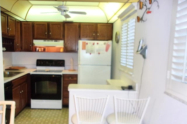 kitchen with white appliances, ceiling fan, and sink