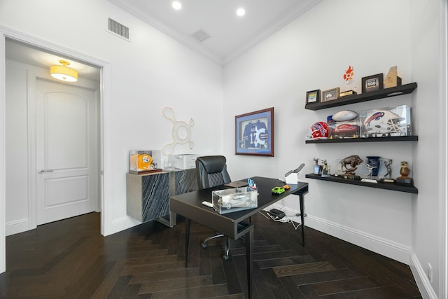 office space with dark parquet floors and ornamental molding