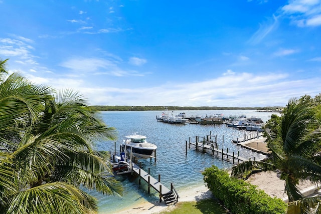 view of dock with a water view and a view of the beach