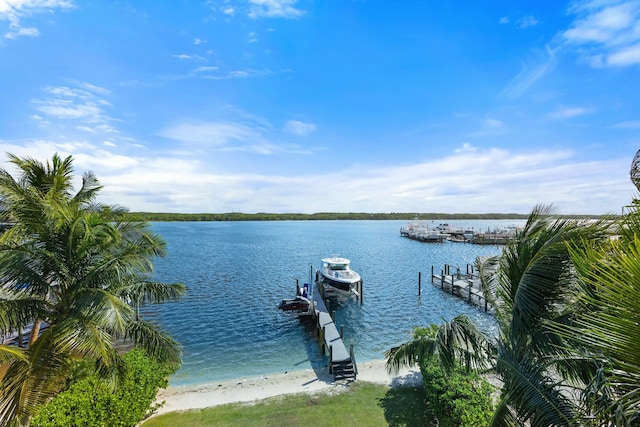 view of dock with a view of the beach and a water view