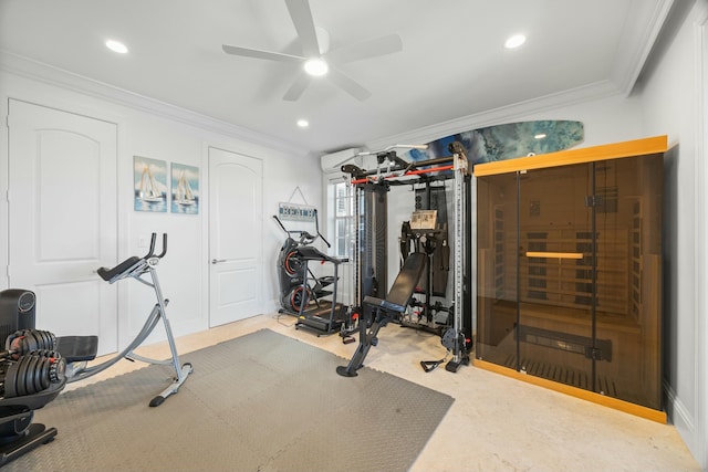 exercise area with a wall unit AC, ceiling fan, and crown molding