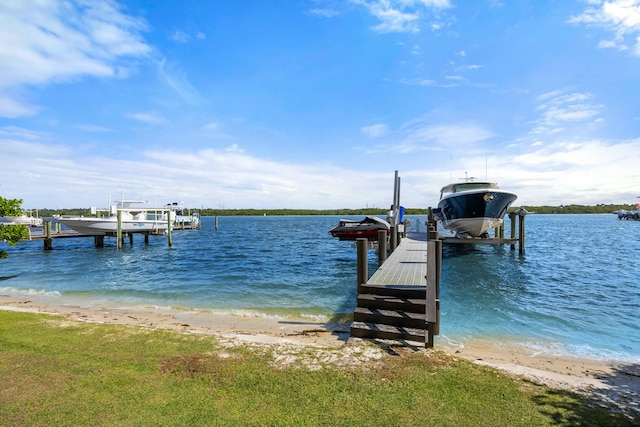 dock area featuring a water view and a view of the beach