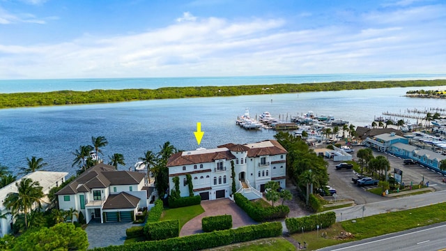 drone / aerial view featuring a water view