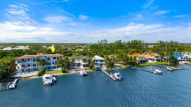 drone / aerial view with a water view