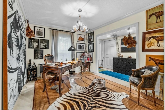 office area with a notable chandelier, light tile patterned floors, a textured ceiling, and ornamental molding