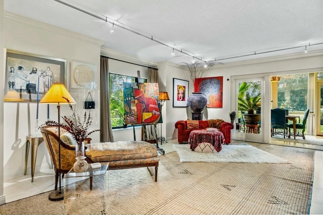 sitting room with tile patterned floors, ornamental molding, a textured ceiling, and track lighting