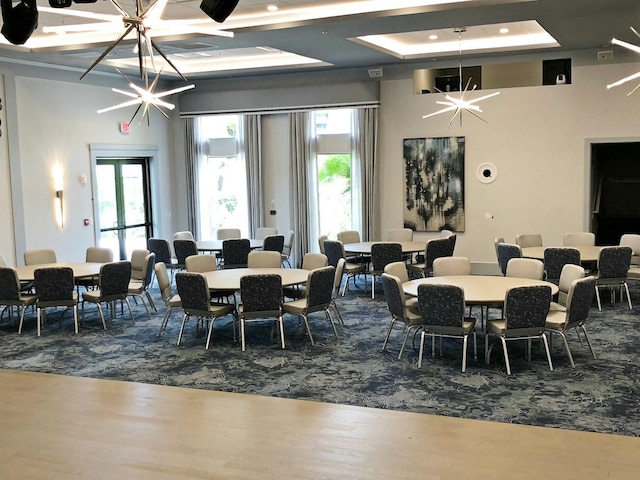 dining room with a healthy amount of sunlight, a tray ceiling, hardwood / wood-style flooring, and a notable chandelier