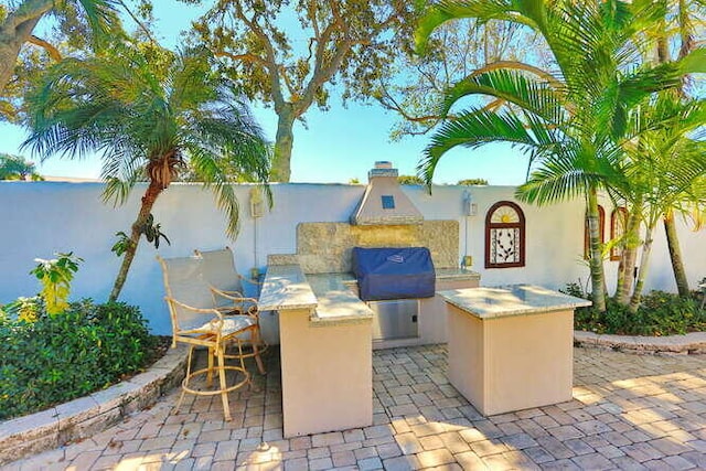 view of patio / terrace featuring exterior bar and exterior kitchen