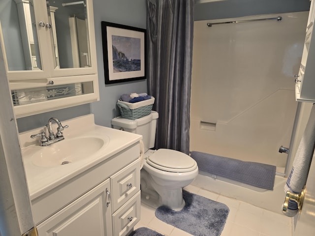 full bathroom featuring toilet, shower / bath combination with curtain, vanity, and tile patterned floors