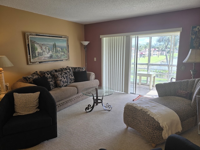 living room featuring light carpet and a textured ceiling