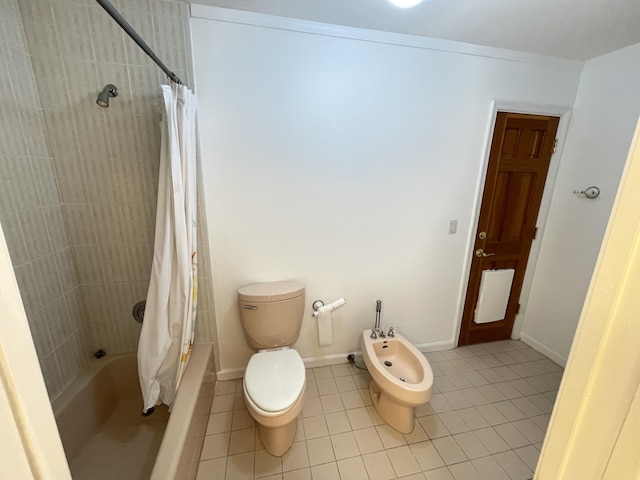 bathroom with toilet, shower / bathtub combination with curtain, tile patterned floors, and a bidet