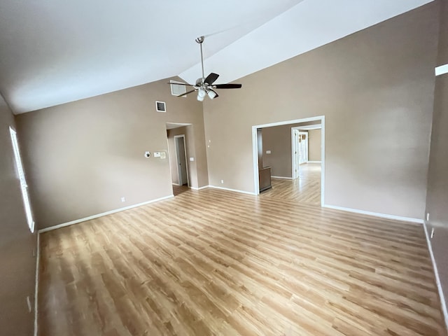 unfurnished living room featuring light hardwood / wood-style flooring, high vaulted ceiling, and ceiling fan