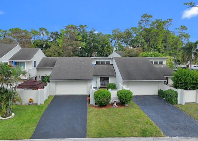 view of front of property with a garage and a front lawn