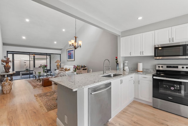 kitchen featuring kitchen peninsula, appliances with stainless steel finishes, white cabinetry, and sink