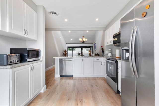 kitchen featuring white cabinetry, kitchen peninsula, and appliances with stainless steel finishes