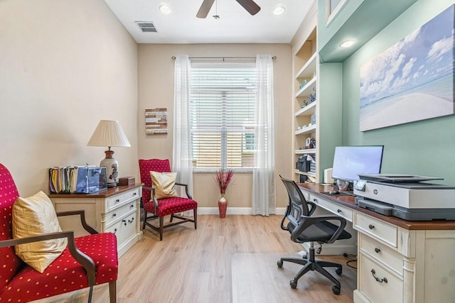 office area with ceiling fan and light hardwood / wood-style flooring