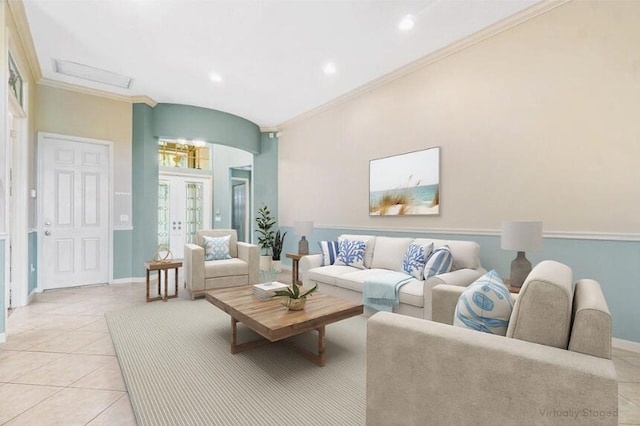 living room with ornamental molding and light tile patterned flooring