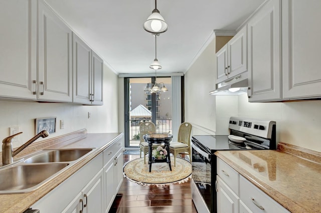 4200 N Ocean Dr Unit 2-202, Singer Island, FL 33404 - kitchen featuring stainless steel electric range oven, under cabinet range hood, a sink, a chandelier, and pendant lighting