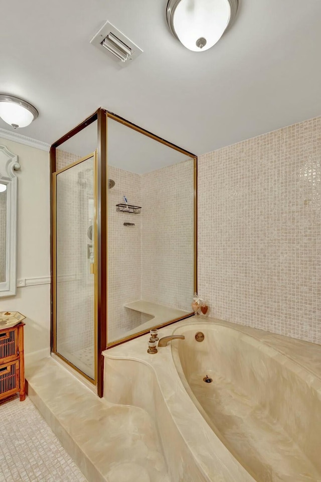 bathroom featuring vanity and plus walk in shower